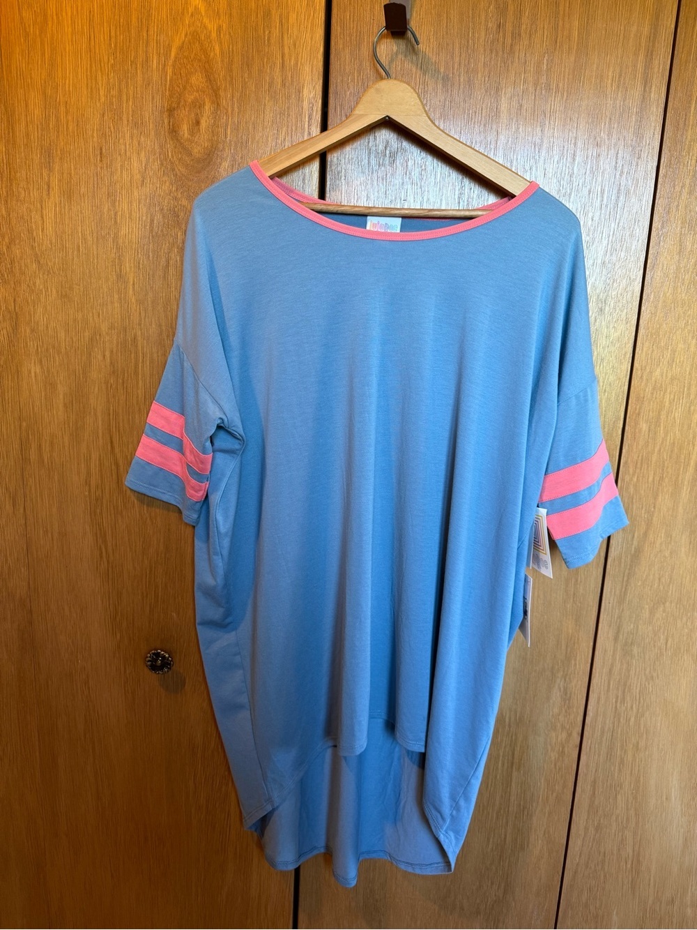 LuLaRoe Light Blue Tunic with Coral Pink Trim